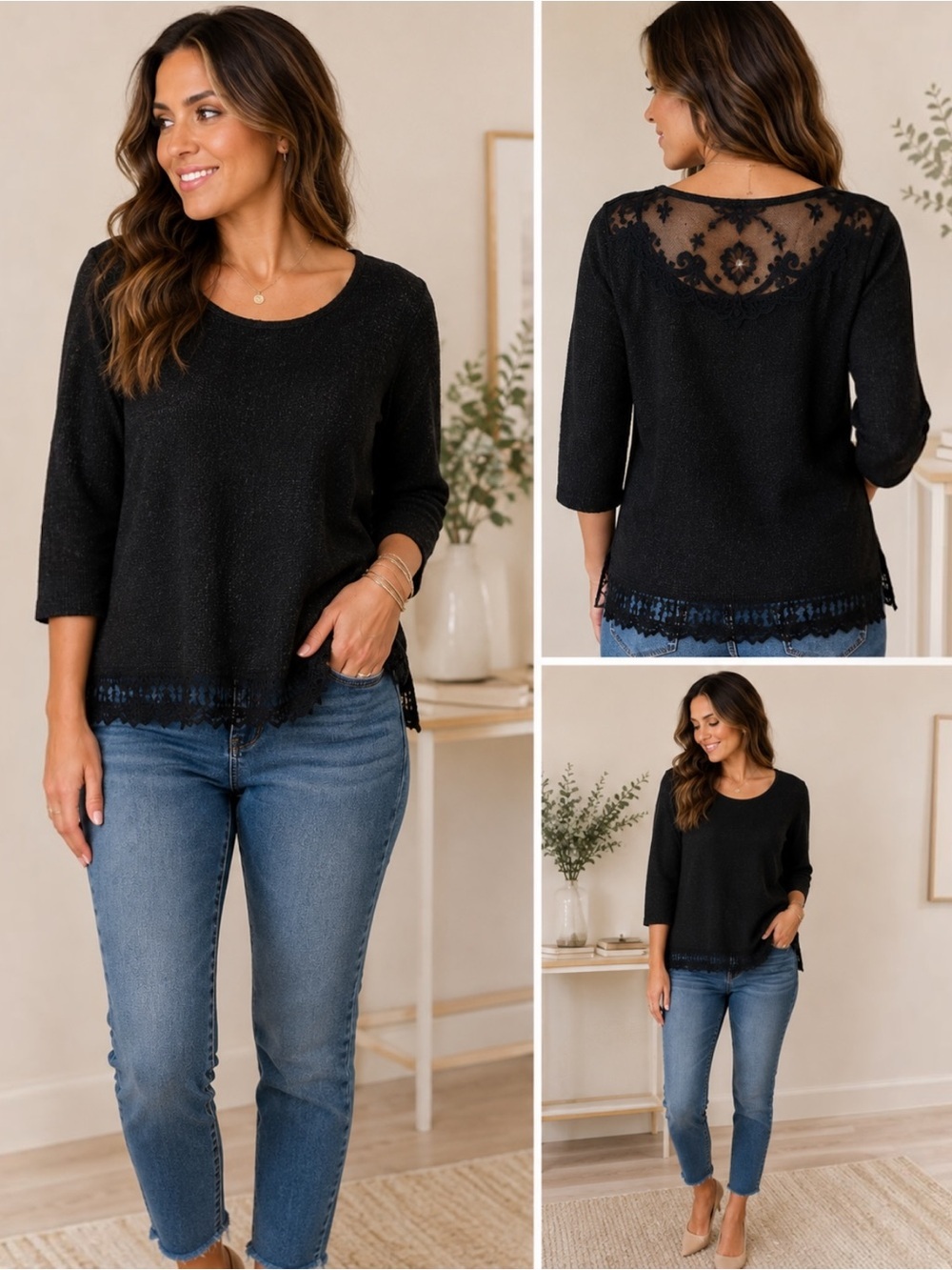 LC Lauren Conrad Black Textured Knit Lace Trim Sweater Top Women’s Medium M